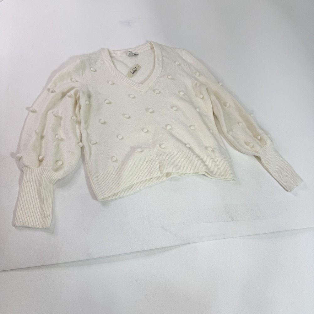 Madewell Sweater Womens Small White Pom Pom Bobble V Neck Balloon Sleeve Knit